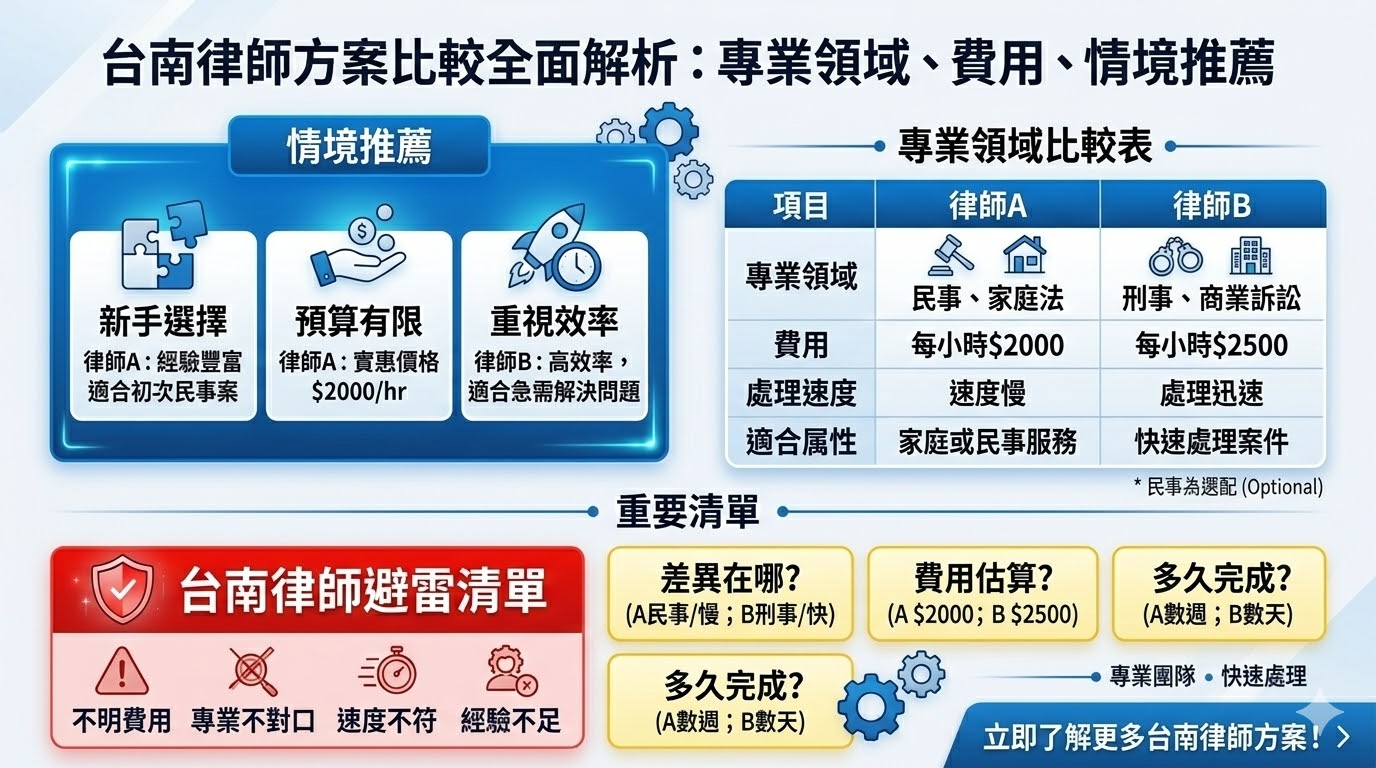 如果您正在尋找專業的律師來處理法律事務，了解台南律師的專業領域、費用結構和服務品質將幫助您做出更明智的選擇。台南律師提供各類法律服務，包括民事訴訟、家庭法、刑事辯護等，無論是需要法律諮詢還是代表您處理案件，選擇合適的律師將大大提升案件的處理效率和成功率。